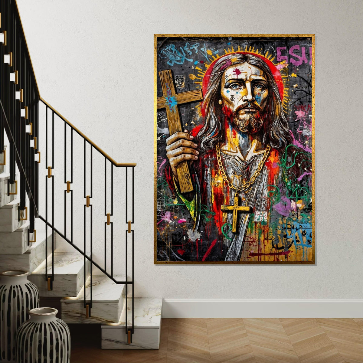 Vibrant Messiah Canvas, Graffiti Jesus Art, Religious Wall Art, Colorful Street Art Print, Wall Art Canvas Design, Ready to Hang Decor