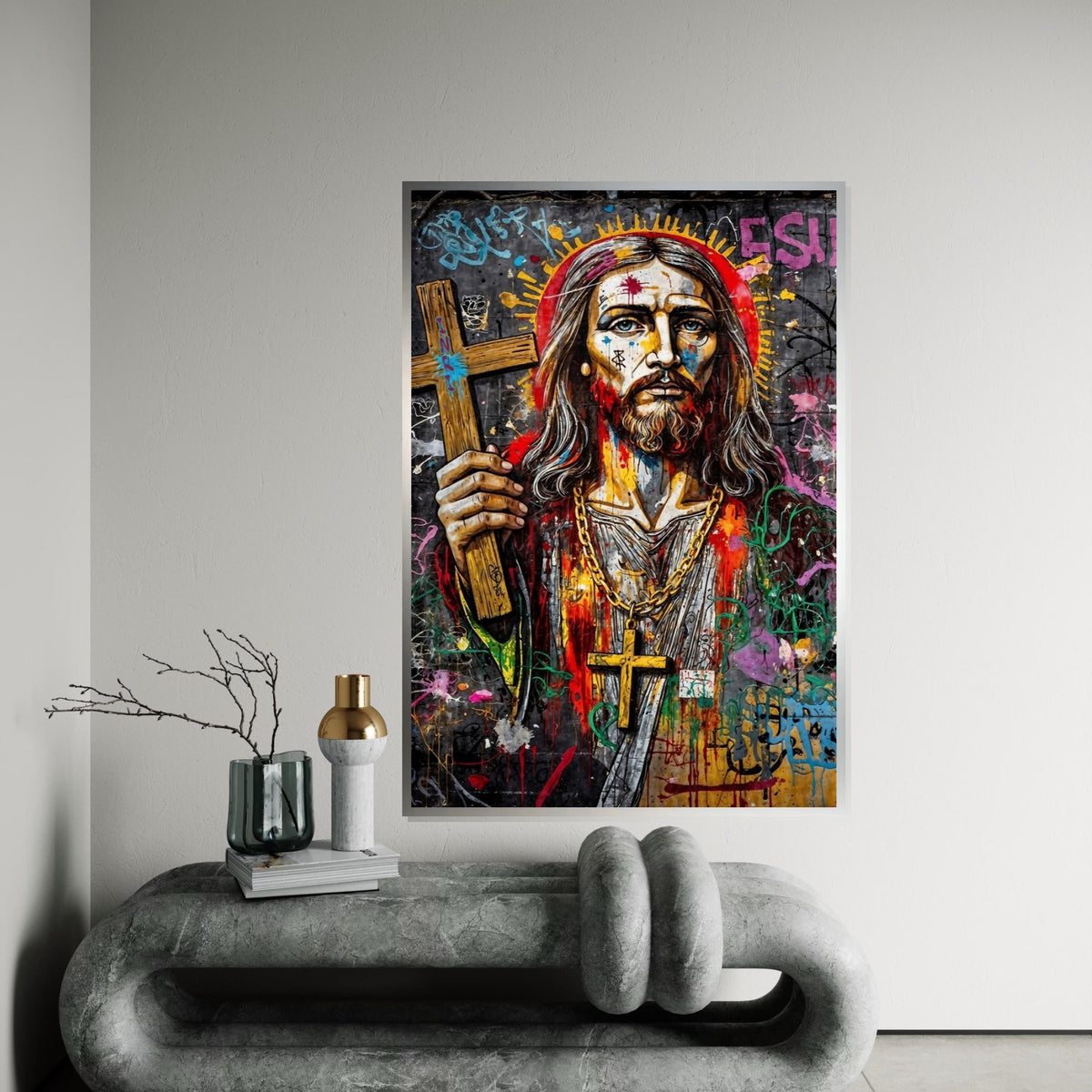 Vibrant Messiah Canvas, Graffiti Jesus Art, Religious Wall Art, Colorful Street Art Print, Wall Art Canvas Design, Ready to Hang Decor