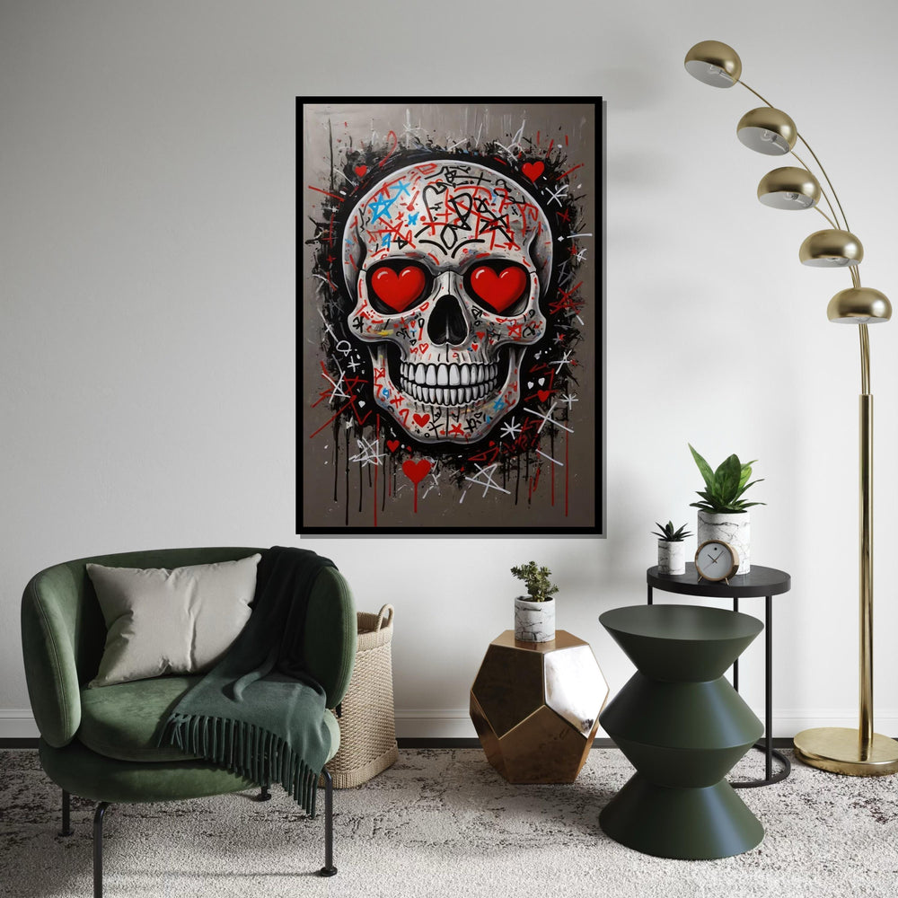 Graffiti Skull Canvas, Heart Eyes Skull Art, Skulls Wall Art, Street Art Canvas Design, Ready to Hang Decoration, Urban Wall Decor