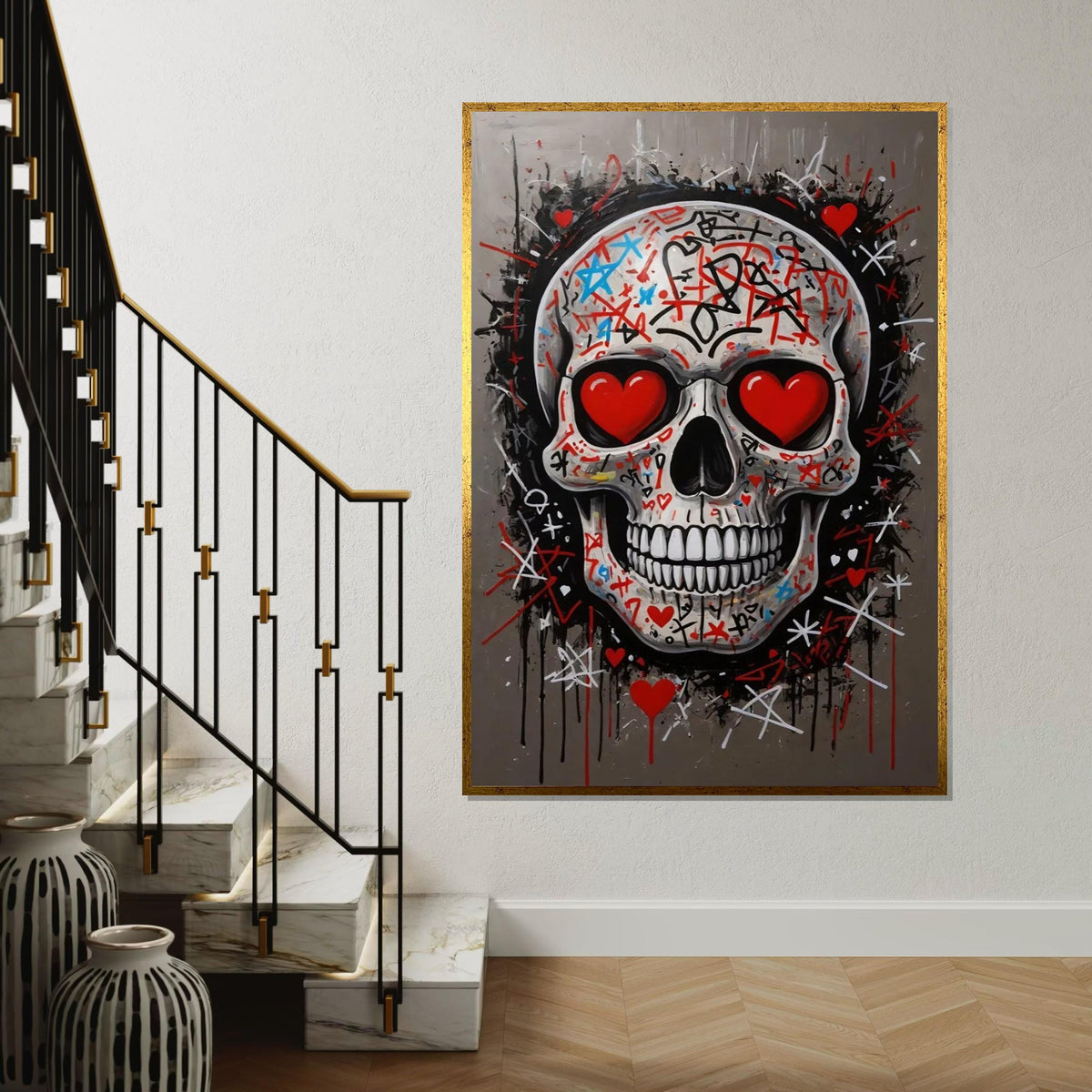 Graffiti Skull Canvas, Heart Eyes Skull Art, Skulls Wall Art, Street Art Canvas Design, Ready to Hang Decoration, Urban Wall Decor