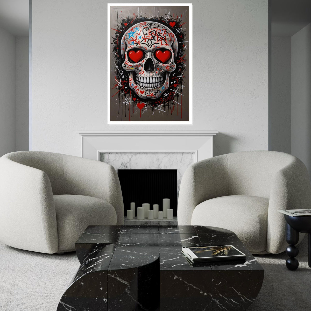 Graffiti Skull Canvas, Heart Eyes Skull Art, Skulls Wall Art, Street Art Canvas Design, Ready to Hang Decoration, Urban Wall Decor
