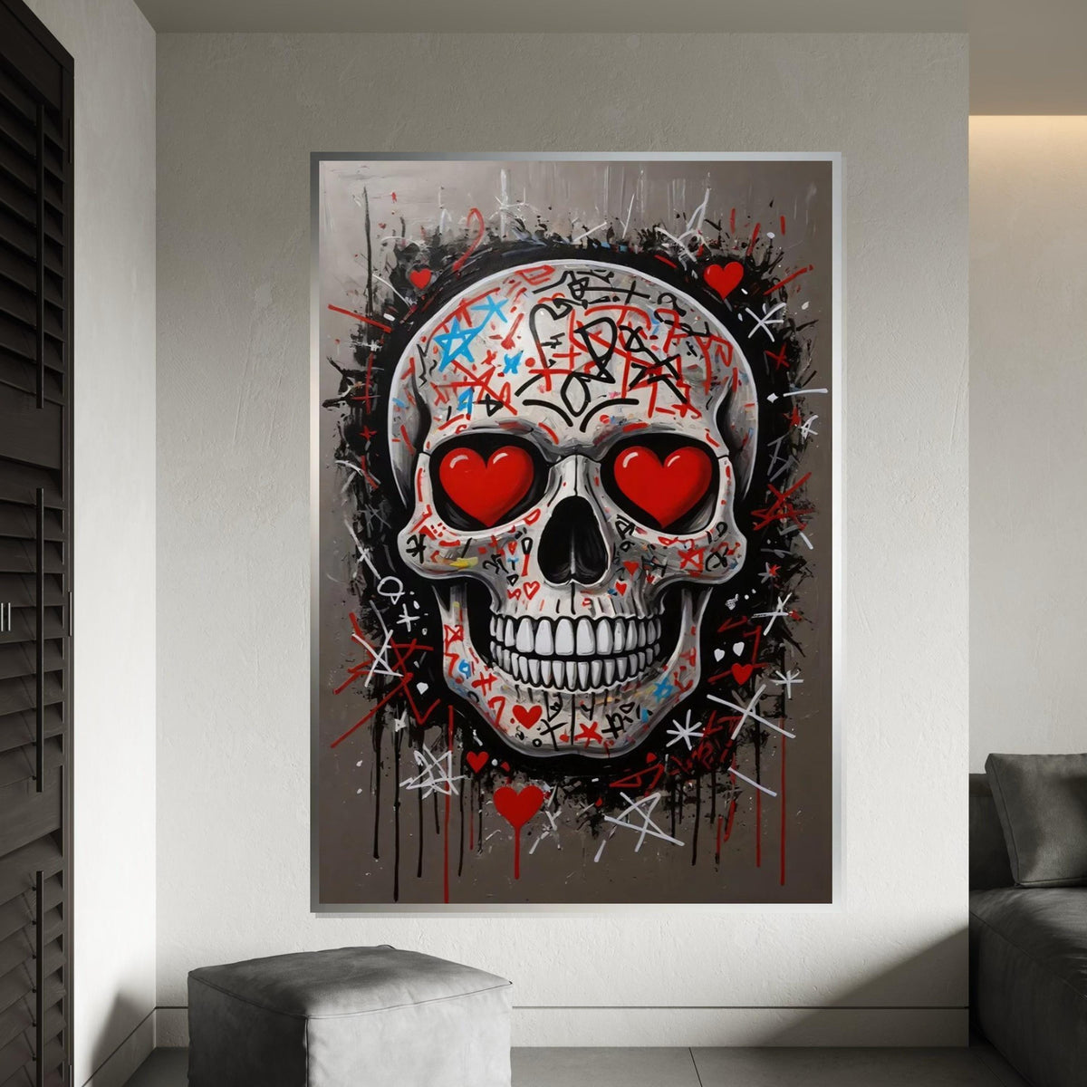Graffiti Skull Canvas, Heart Eyes Skull Art, Skulls Wall Art, Street Art Canvas Design, Ready to Hang Decoration, Urban Wall Decor