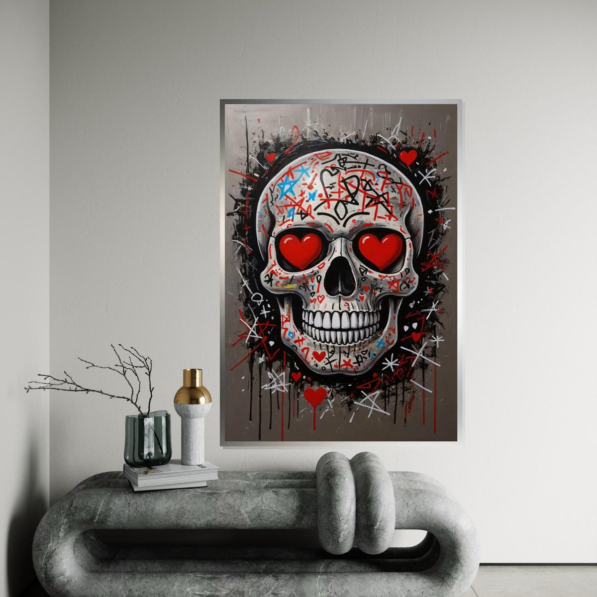 Graffiti Skull Canvas, Heart Eyes Skull Art, Skulls Wall Art, Street Art Canvas Design, Ready to Hang Decoration, Urban Wall Decor