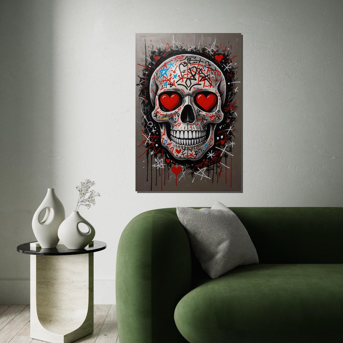 Graffiti Skull Canvas, Heart Eyes Skull Art, Skulls Wall Art, Street Art Canvas Design, Ready to Hang Decoration, Urban Wall Decor