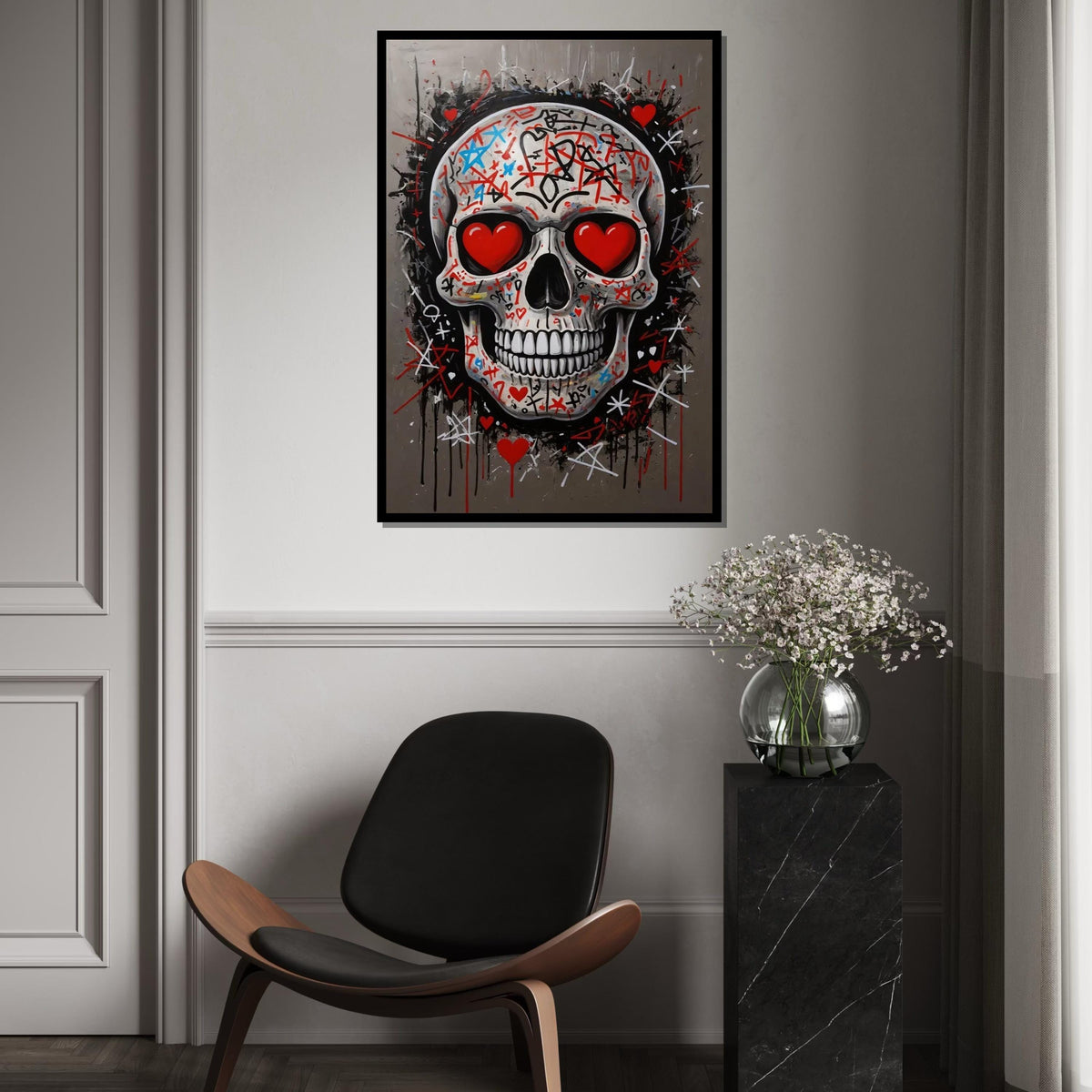 Graffiti Skull Canvas, Heart Eyes Skull Art, Skulls Wall Art, Street Art Canvas Design, Ready to Hang Decoration, Urban Wall Decor