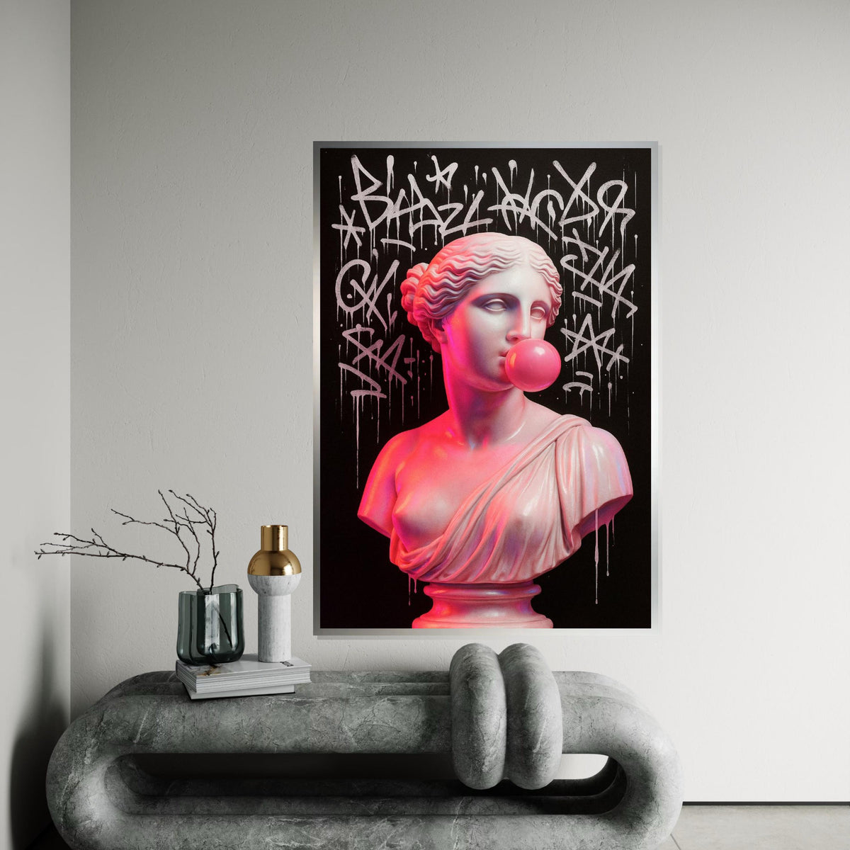 Graffiti Bust Canvas, Classic Sculpture with Art Graffiti, Bubblegum Pink Touch, Wall Art Canvas Design, Ready to Hang Decoration