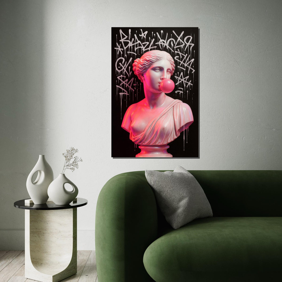Graffiti Bust Canvas, Classic Sculpture with Art Graffiti, Bubblegum Pink Touch, Wall Art Canvas Design, Ready to Hang Decoration