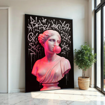Graffiti Bust Canvas, Classic Sculpture with Art Graffiti, Bubblegum Pink Touch, Wall Art Canvas Design, Ready to Hang Decoration