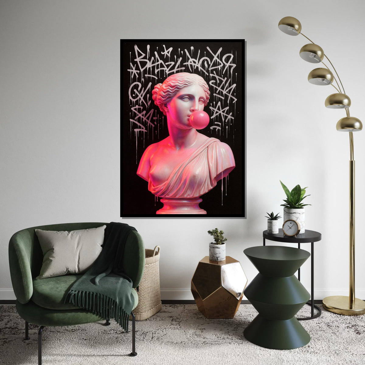 Graffiti Bust Canvas, Classic Sculpture with Art Graffiti, Bubblegum Pink Touch, Wall Art Canvas Design, Ready to Hang Decoration