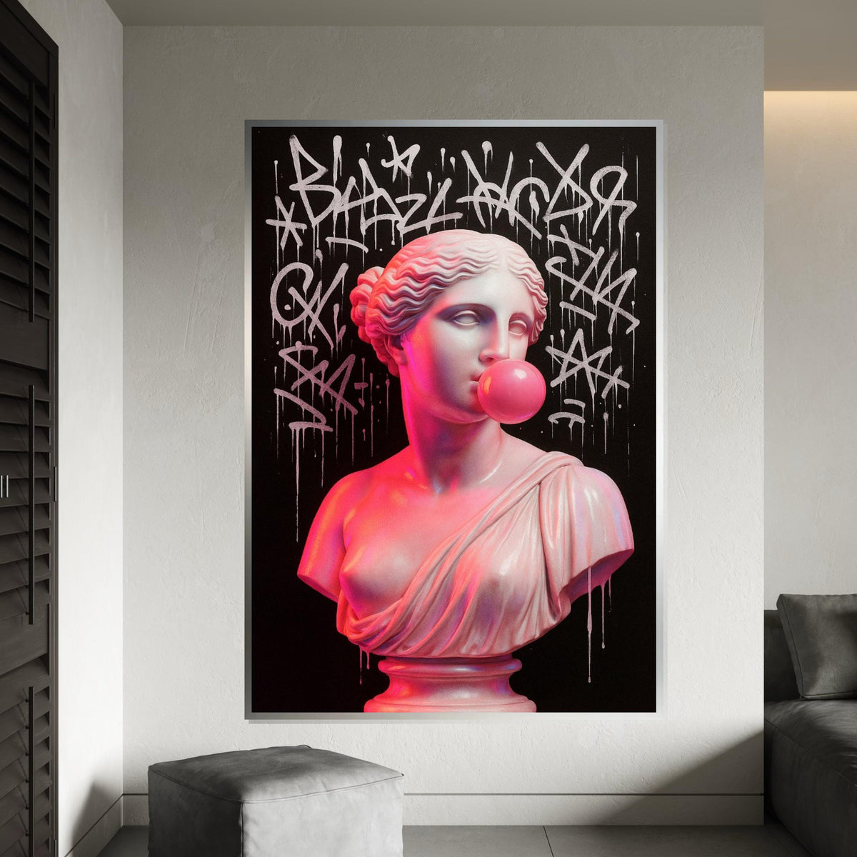 Graffiti Bust Canvas, Classic Sculpture with Art Graffiti, Bubblegum Pink Touch, Wall Art Canvas Design, Ready to Hang Decoration