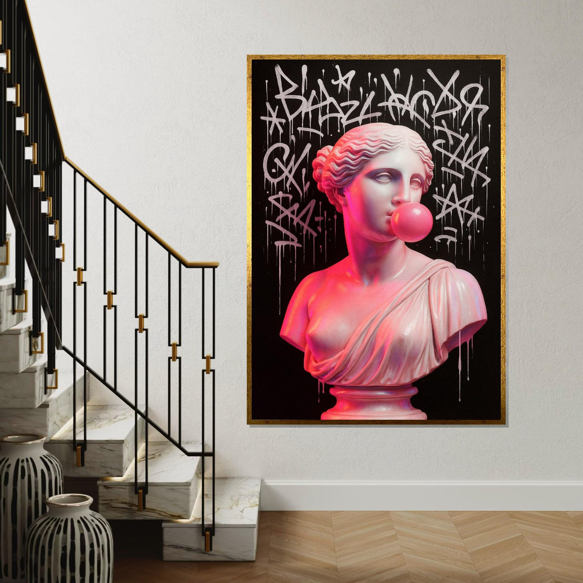 Graffiti Bust Canvas, Classic Sculpture with Art Graffiti, Bubblegum Pink Touch, Wall Art Canvas Design, Ready to Hang Decoration