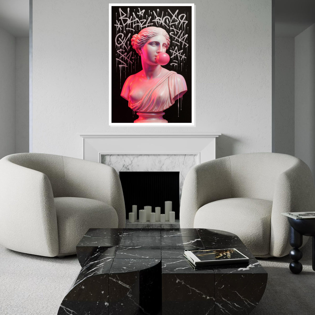 Graffiti Bust Canvas, Classic Sculpture with Art Graffiti, Bubblegum Pink Touch, Wall Art Canvas Design, Ready to Hang Decoration