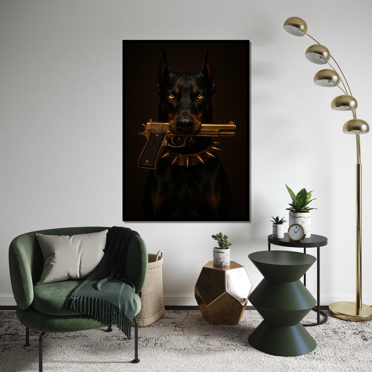 Bold Doberman Canvas Art, Dog with Gun Wall Print, Spiked Collar Decor, Wall Art Canvas Design, Ready to Hang Decoration
