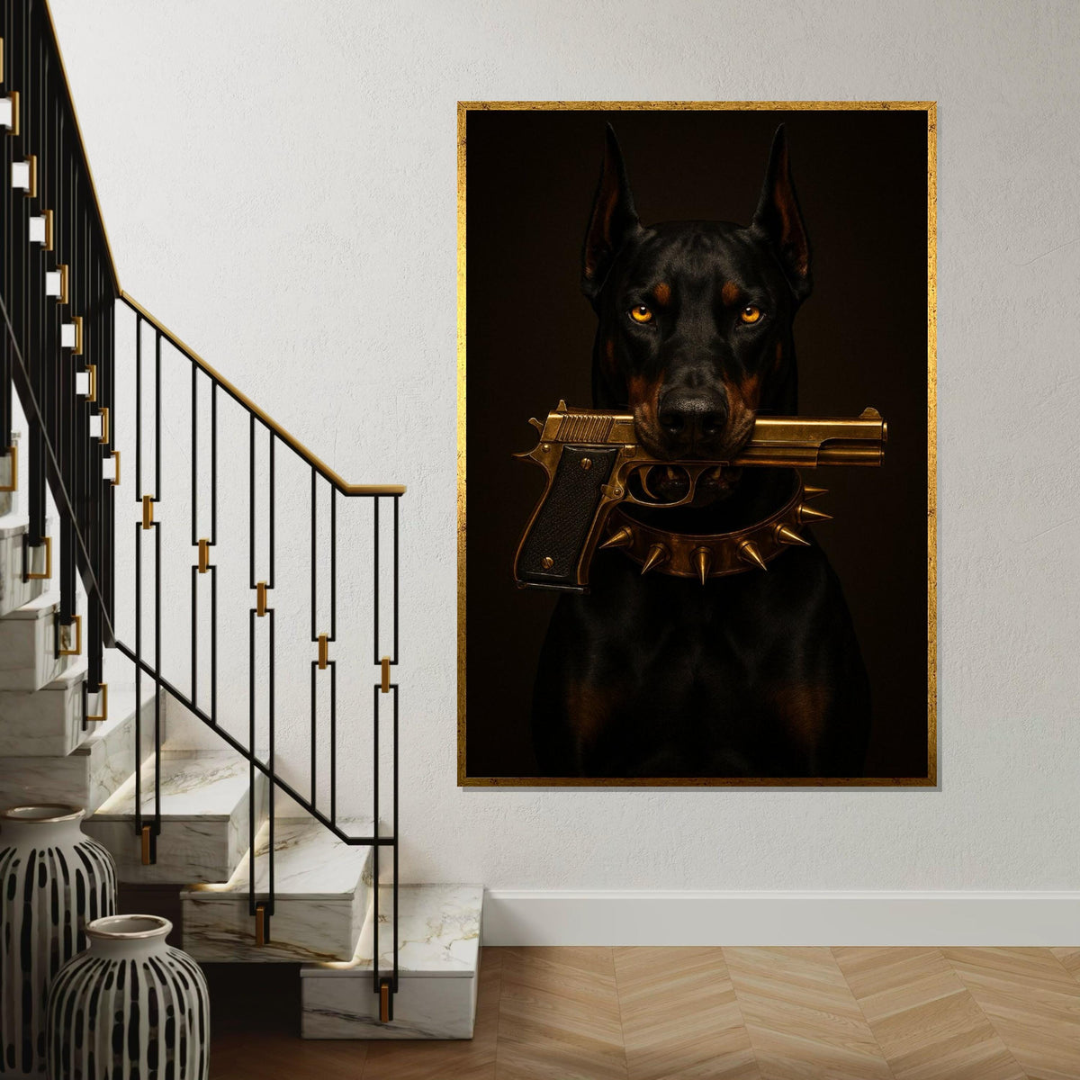 Bold Doberman Canvas Art, Dog with Gun Wall Print, Spiked Collar Decor, Wall Art Canvas Design, Ready to Hang Decoration