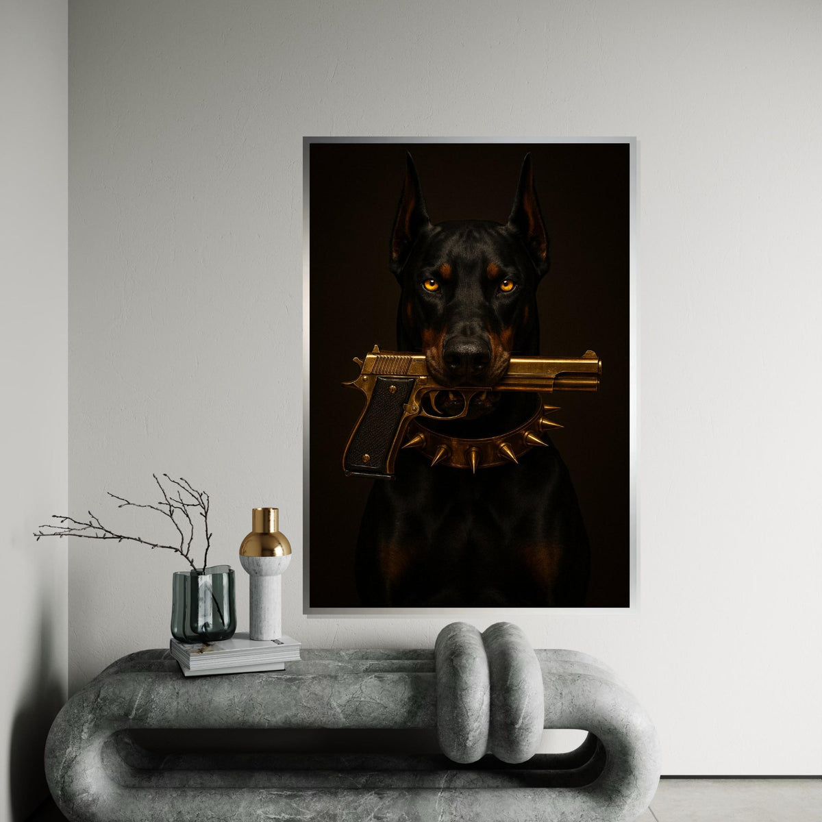 Bold Doberman Canvas Art, Dog with Gun Wall Print, Spiked Collar Decor, Wall Art Canvas Design, Ready to Hang Decoration