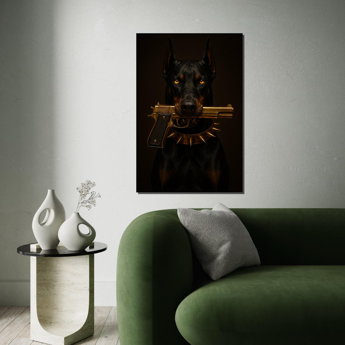 Bold Doberman Canvas Art, Dog with Gun Wall Print, Spiked Collar Decor, Wall Art Canvas Design, Ready to Hang Decoration