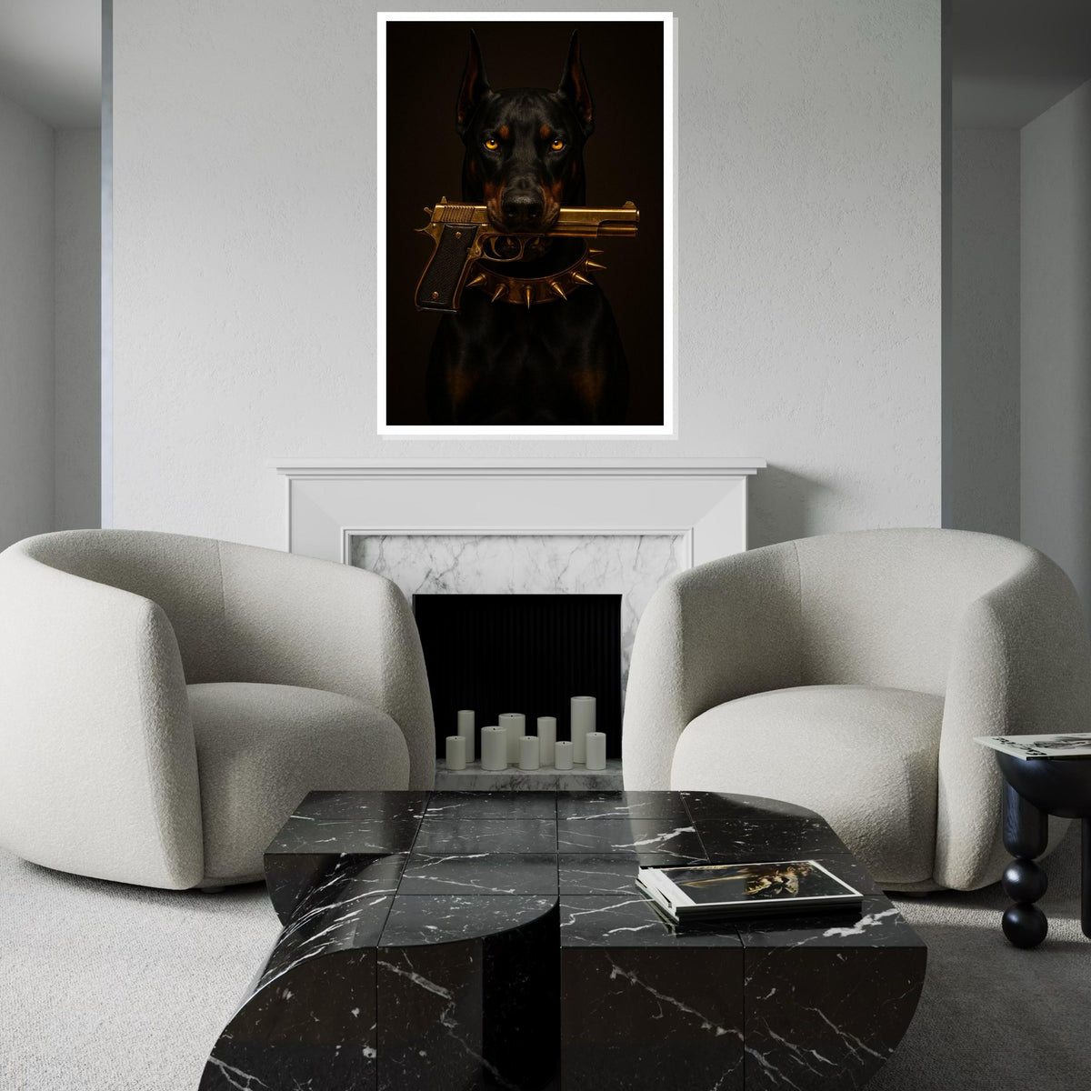 Bold Doberman Canvas Art, Dog with Gun Wall Print, Spiked Collar Decor, Wall Art Canvas Design, Ready to Hang Decoration