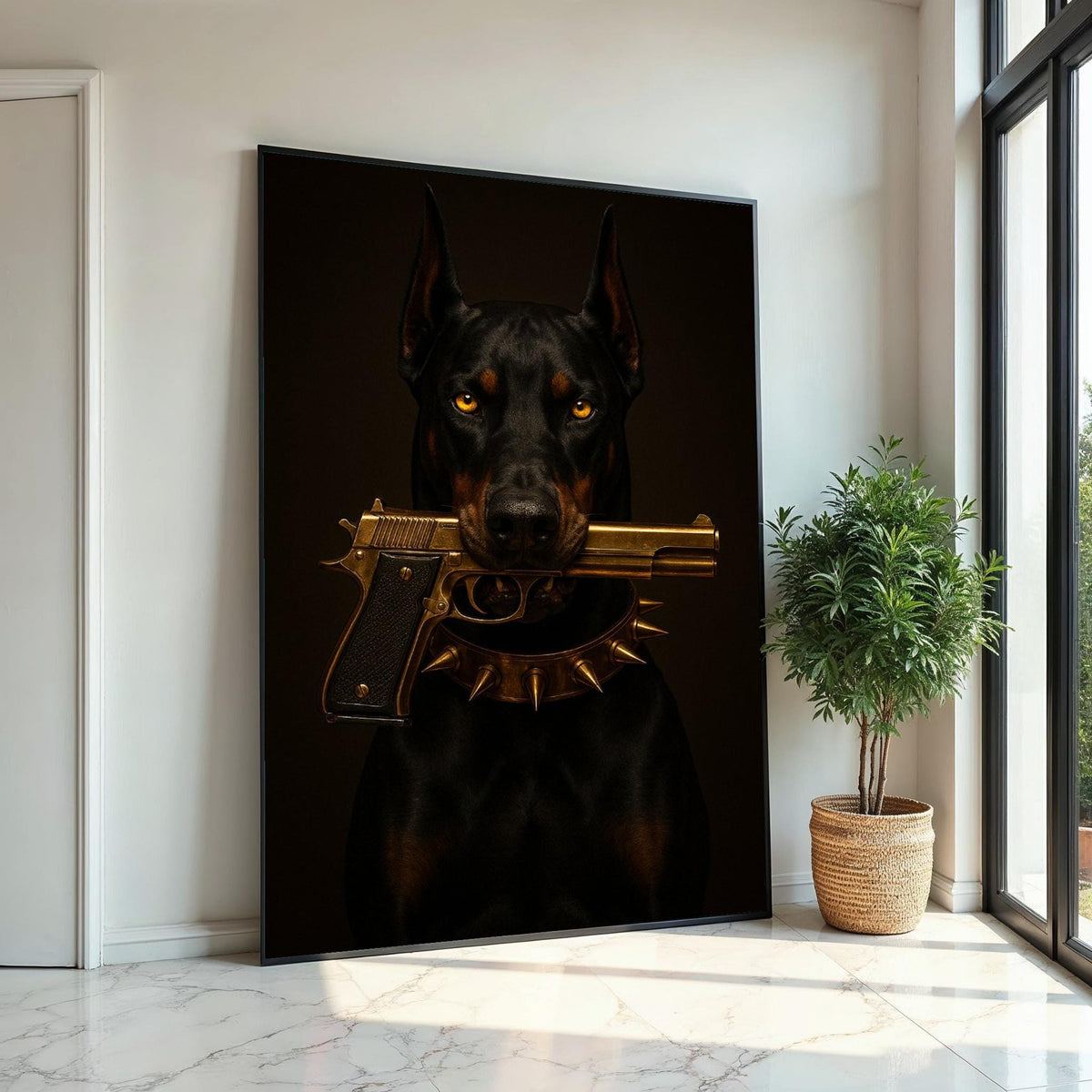 Bold Doberman Canvas Art, Dog with Gun Wall Print, Spiked Collar Decor, Wall Art Canvas Design, Ready to Hang Decoration