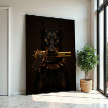 Bold Doberman Canvas Art, Dog with Gun Wall Print, Spiked Collar Decor, Wall Art Canvas Design, Ready to Hang Decoration
