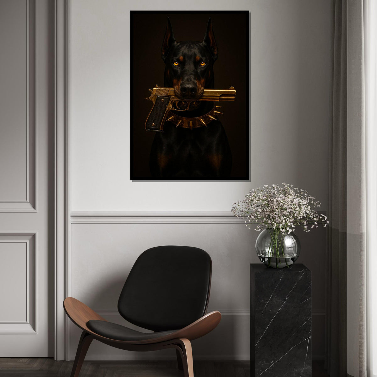Bold Doberman Canvas Art, Dog with Gun Wall Print, Spiked Collar Decor, Wall Art Canvas Design, Ready to Hang Decoration