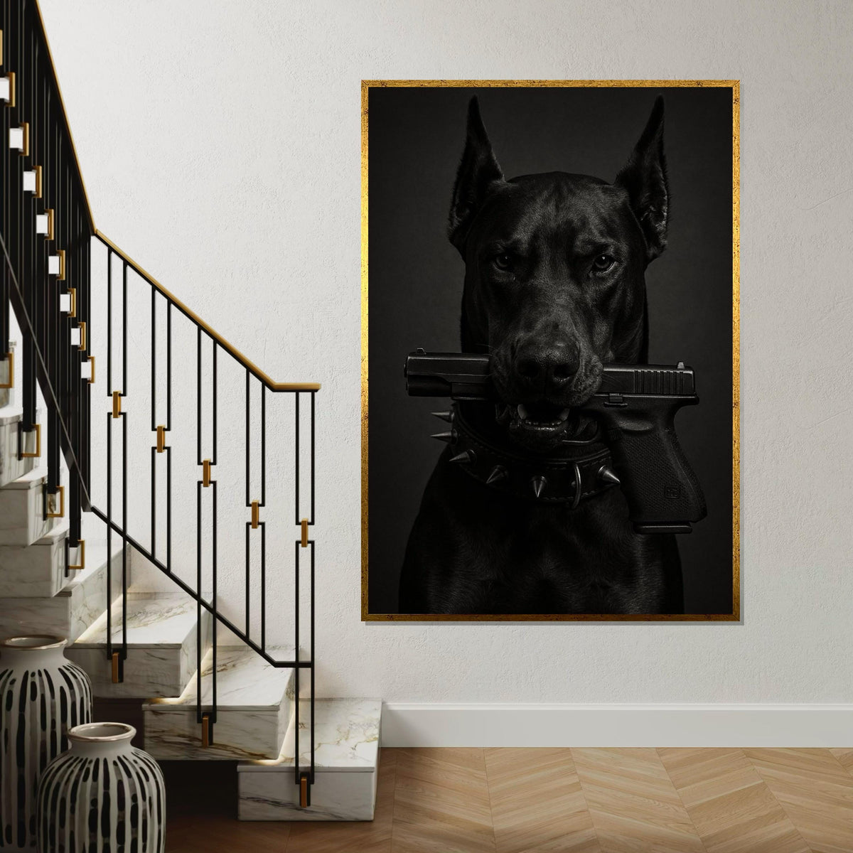 Guard Dog Canvas, Dog with Gun Wall Art, Animal Canvas, Black Dog Poster, Wall Art Canvas Design, Ready to Hang Decoration