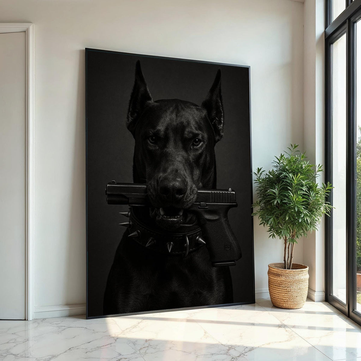 Guard Dog Canvas, Dog with Gun Wall Art, Animal Canvas, Black Dog Poster, Wall Art Canvas Design, Ready to Hang Decoration