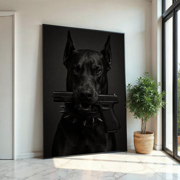 Guard Dog Canvas, Dog with Gun Wall Art, Animal Canvas, Black Dog Poster, Wall Art Canvas Design, Ready to Hang Decoration