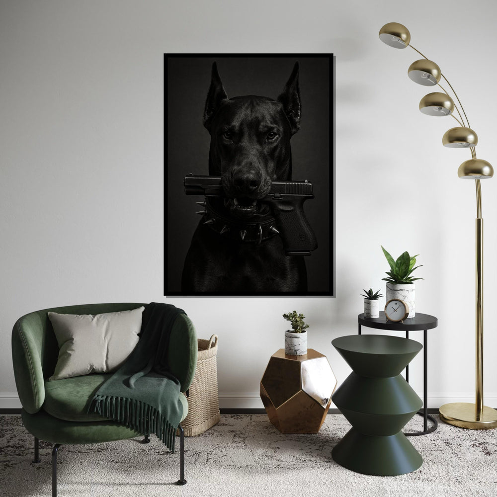 Guard Dog Canvas, Dog with Gun Wall Art, Animal Canvas, Black Dog Poster, Wall Art Canvas Design, Ready to Hang Decoration