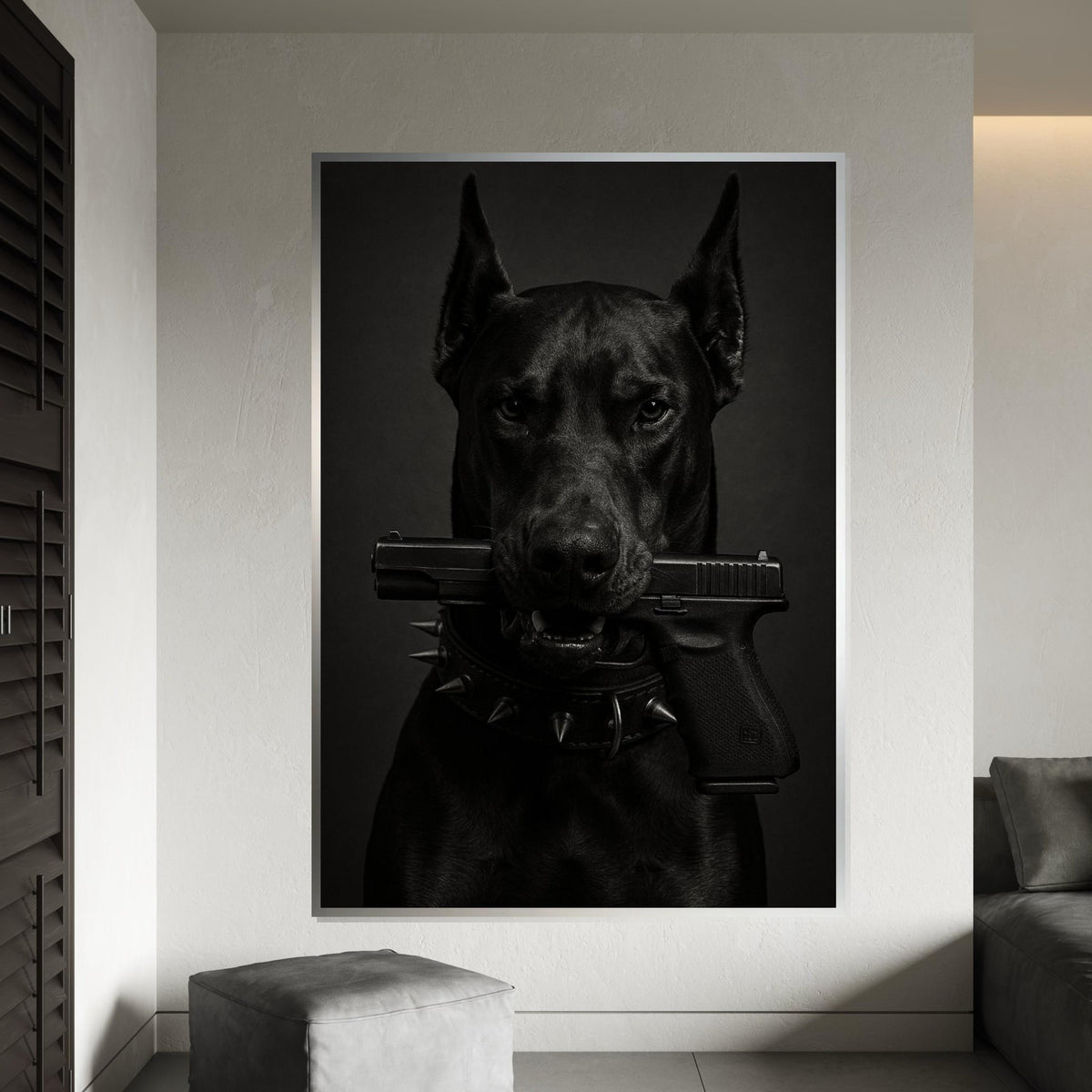Guard Dog Canvas, Dog with Gun Wall Art, Animal Canvas, Black Dog Poster, Wall Art Canvas Design, Ready to Hang Decoration