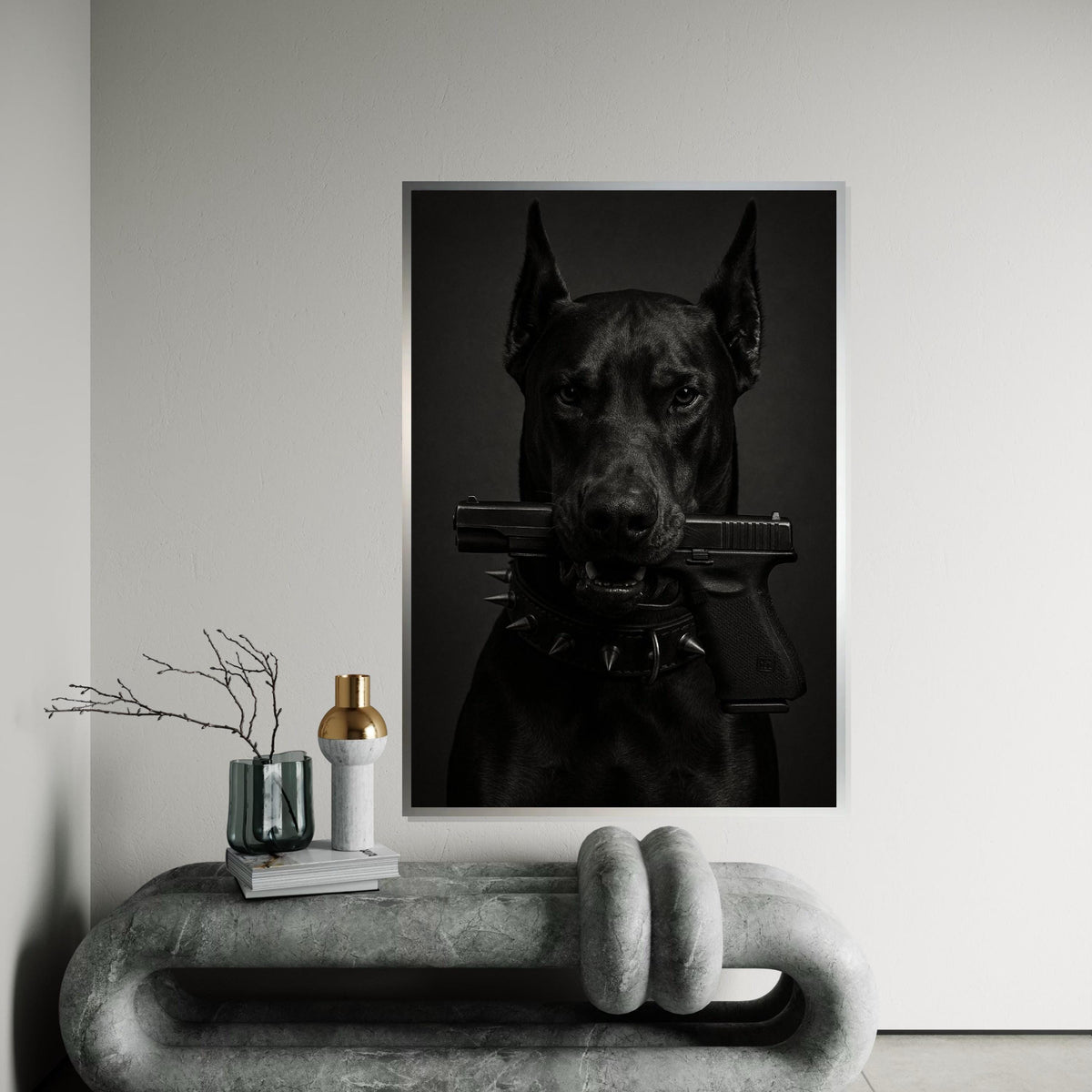Guard Dog Canvas, Dog with Gun Wall Art, Animal Canvas, Black Dog Poster, Wall Art Canvas Design, Ready to Hang Decoration