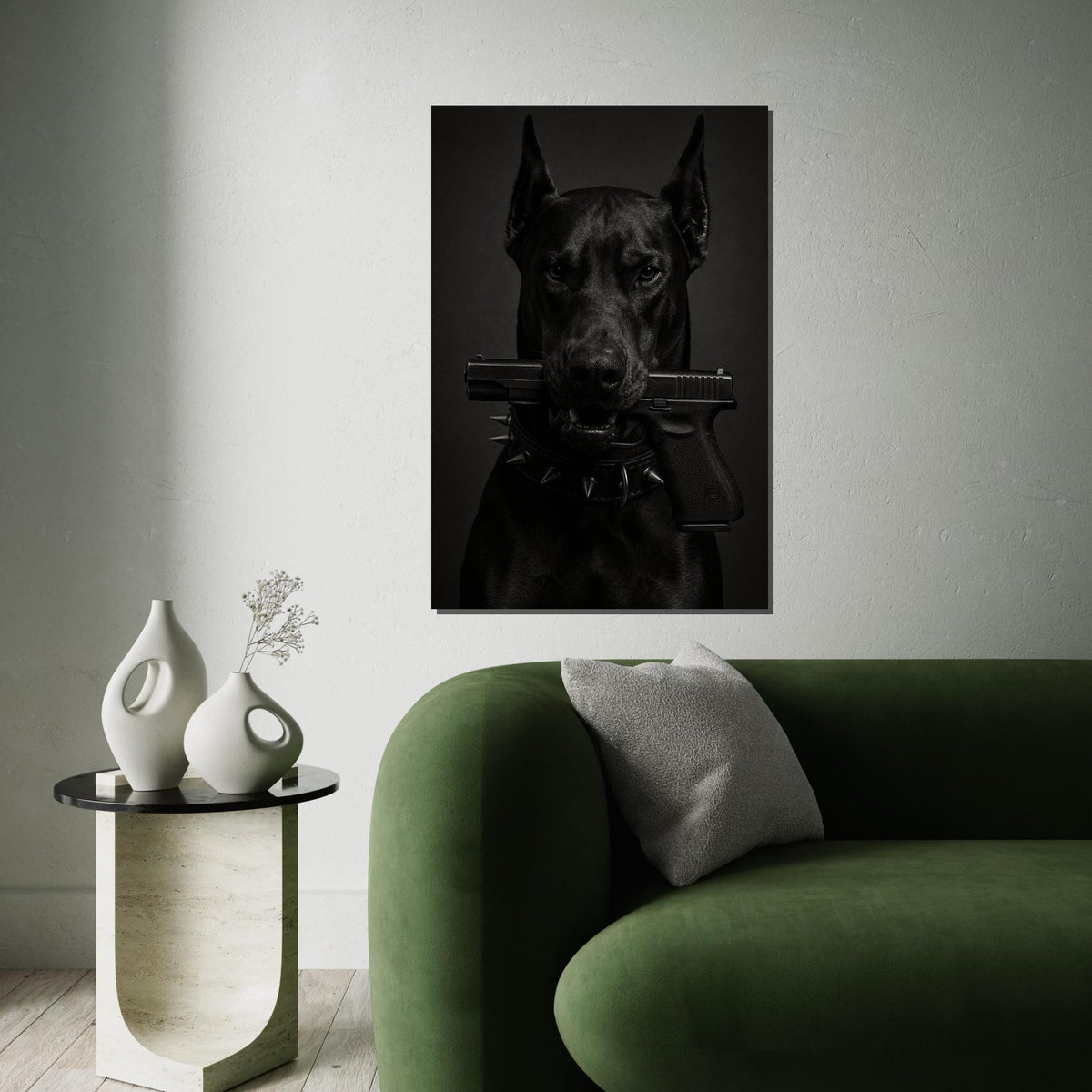 Guard Dog Canvas, Dog with Gun Wall Art, Animal Canvas, Black Dog Poster, Wall Art Canvas Design, Ready to Hang Decoration