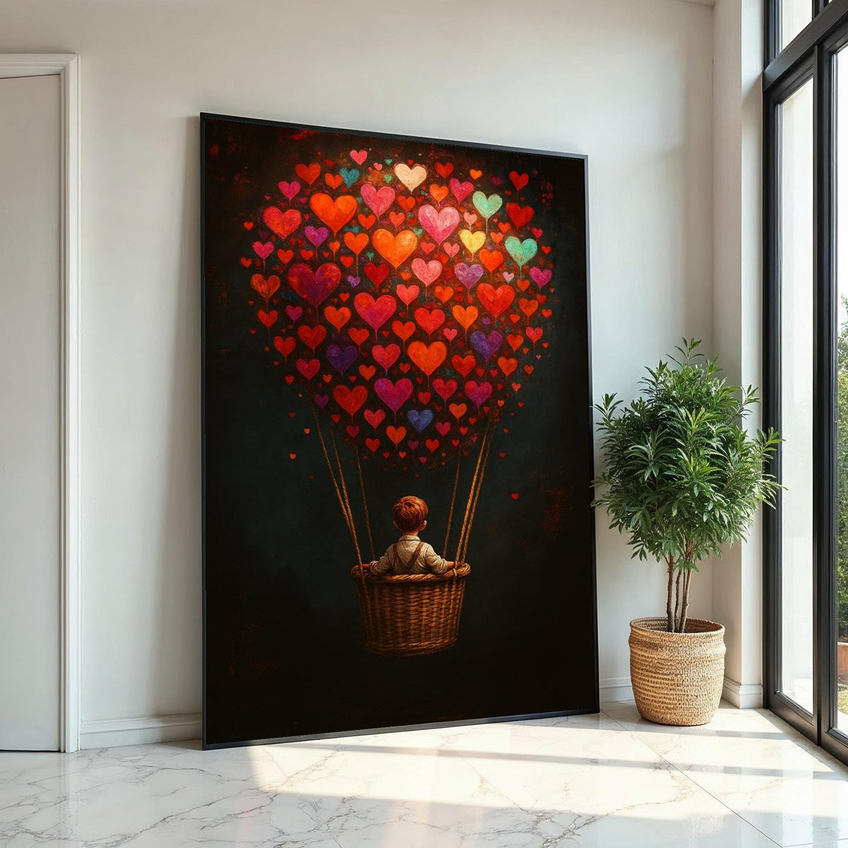 Heart Balloon Journey Canvas, Child in Balloon Wall Art, Colorful Heart Wall Print, Dreamy Art Canvas Design, Ready to Hang Decoration