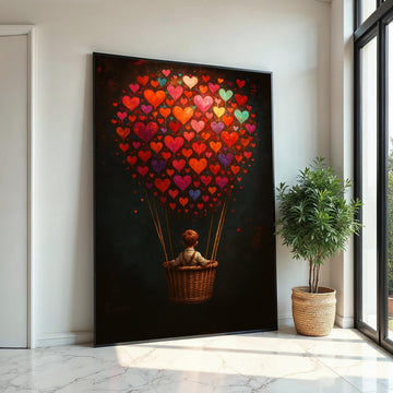 Heart Balloon Journey Canvas, Child in Balloon Wall Art, Colorful Heart Wall Print, Dreamy Art Canvas Design, Ready to Hang Decoration