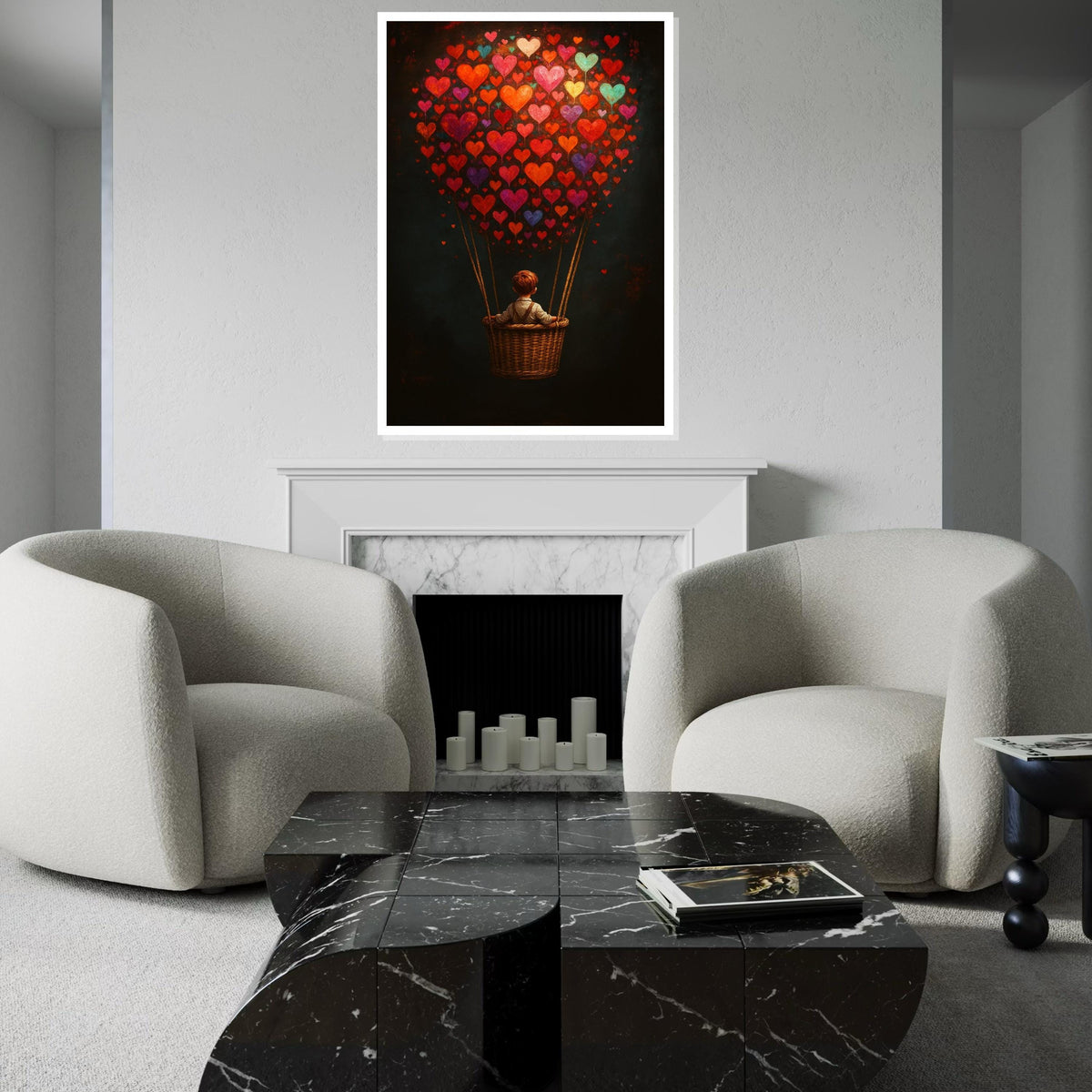 Heart Balloon Journey Canvas, Child in Balloon Wall Art, Colorful Heart Wall Print, Dreamy Art Canvas Design, Ready to Hang Decoration