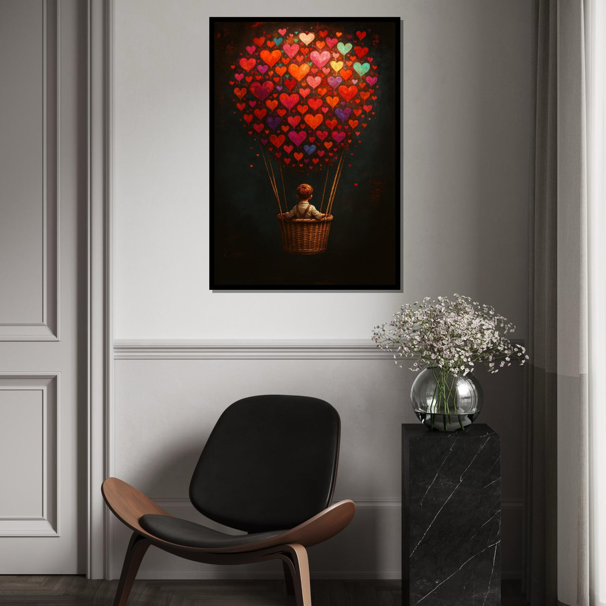 Heart Balloon Journey Canvas, Child in Balloon Wall Art, Colorful Heart Wall Print, Dreamy Art Canvas Design, Ready to Hang Decoration