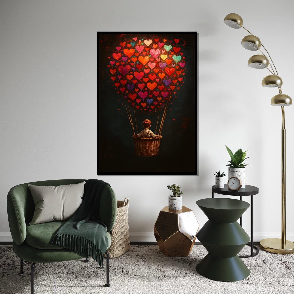Heart Balloon Journey Canvas, Child in Balloon Wall Art, Colorful Heart Wall Print, Dreamy Art Canvas Design, Ready to Hang Decoration
