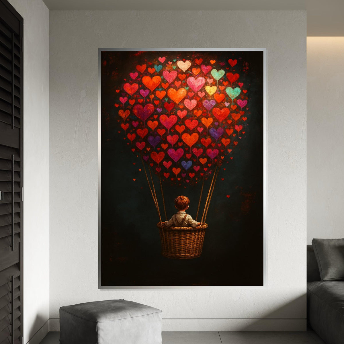 Heart Balloon Journey Canvas, Child in Balloon Wall Art, Colorful Heart Wall Print, Dreamy Art Canvas Design, Ready to Hang Decoration