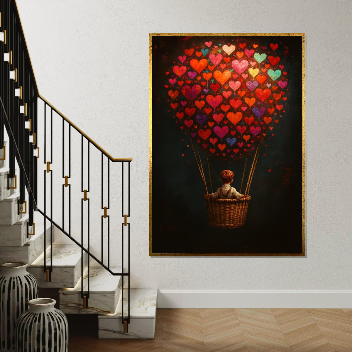 Heart Balloon Journey Canvas, Child in Balloon Wall Art, Colorful Heart Wall Print, Dreamy Art Canvas Design, Ready to Hang Decoration