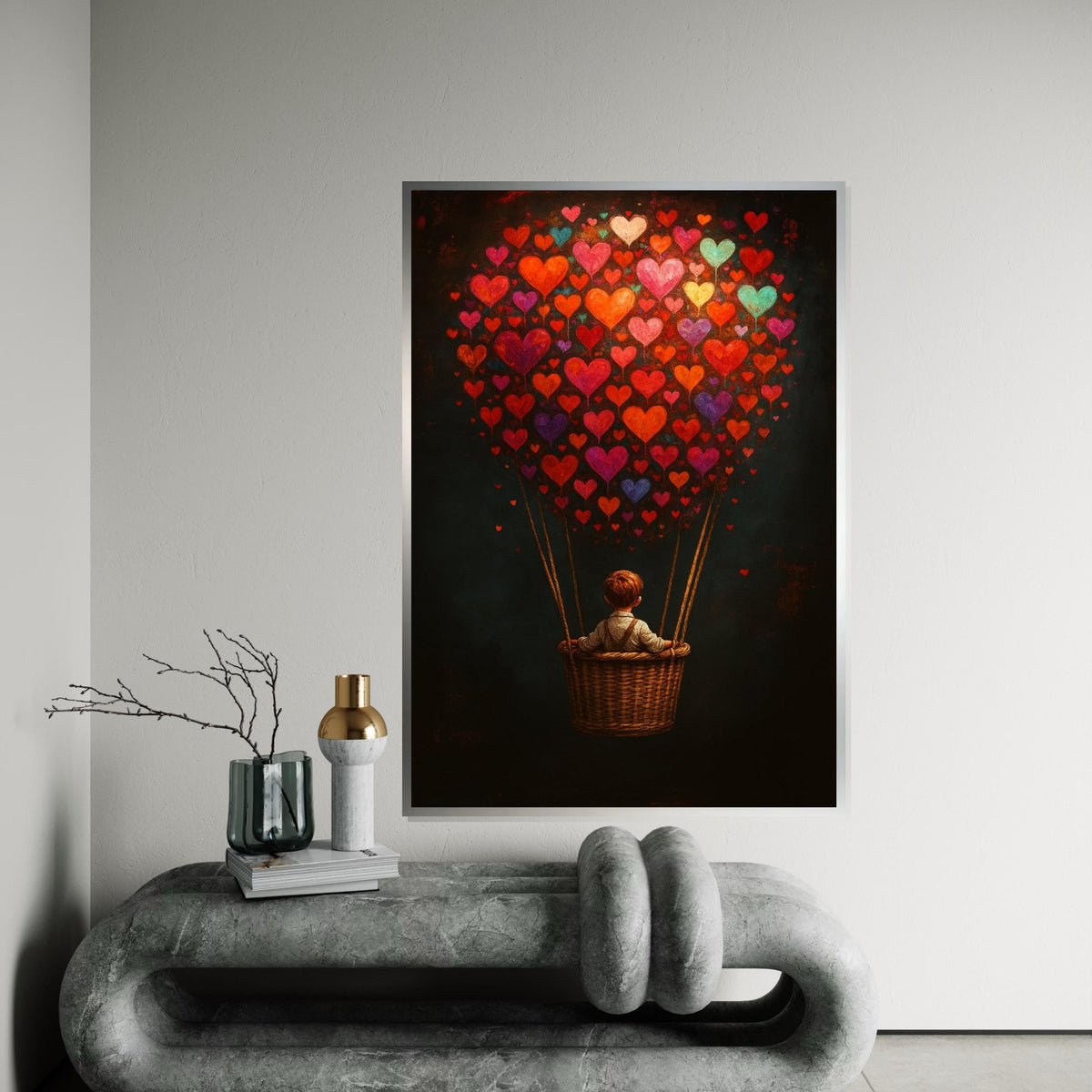 Heart Balloon Journey Canvas, Child in Balloon Wall Art, Colorful Heart Wall Print, Dreamy Art Canvas Design, Ready to Hang Decoration