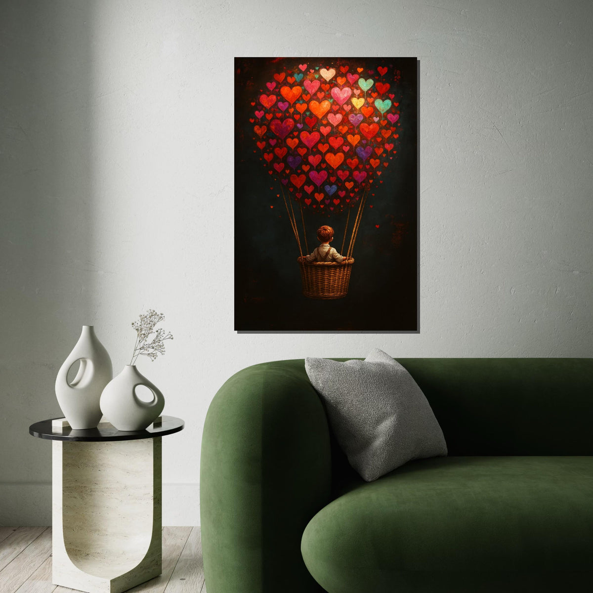 Heart Balloon Journey Canvas, Child in Balloon Wall Art, Colorful Heart Wall Print, Dreamy Art Canvas Design, Ready to Hang Decoration