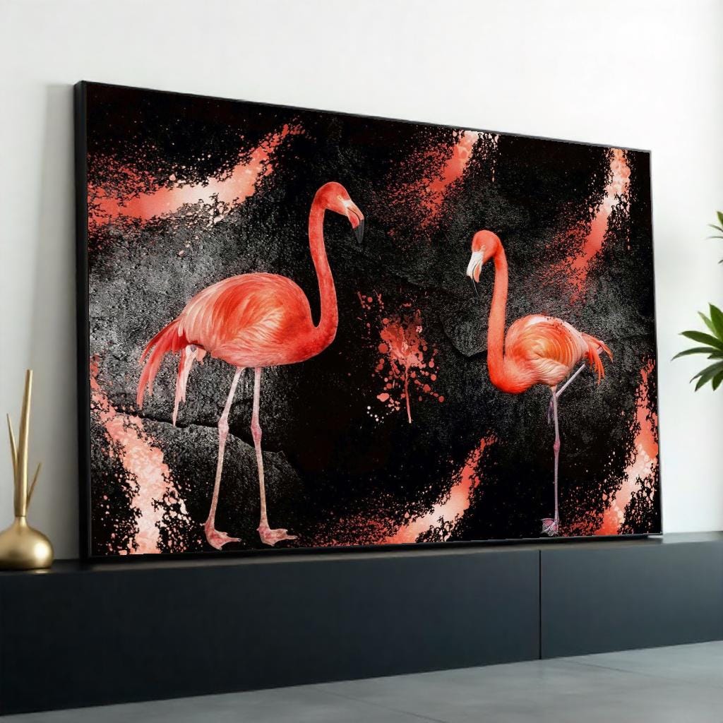 Flamingo Duo, Pink Birds Canvas, Animal Wall Art Design, Flamingo Splatter Print, Modern Canvas Art, Ready to Hang Home Decor