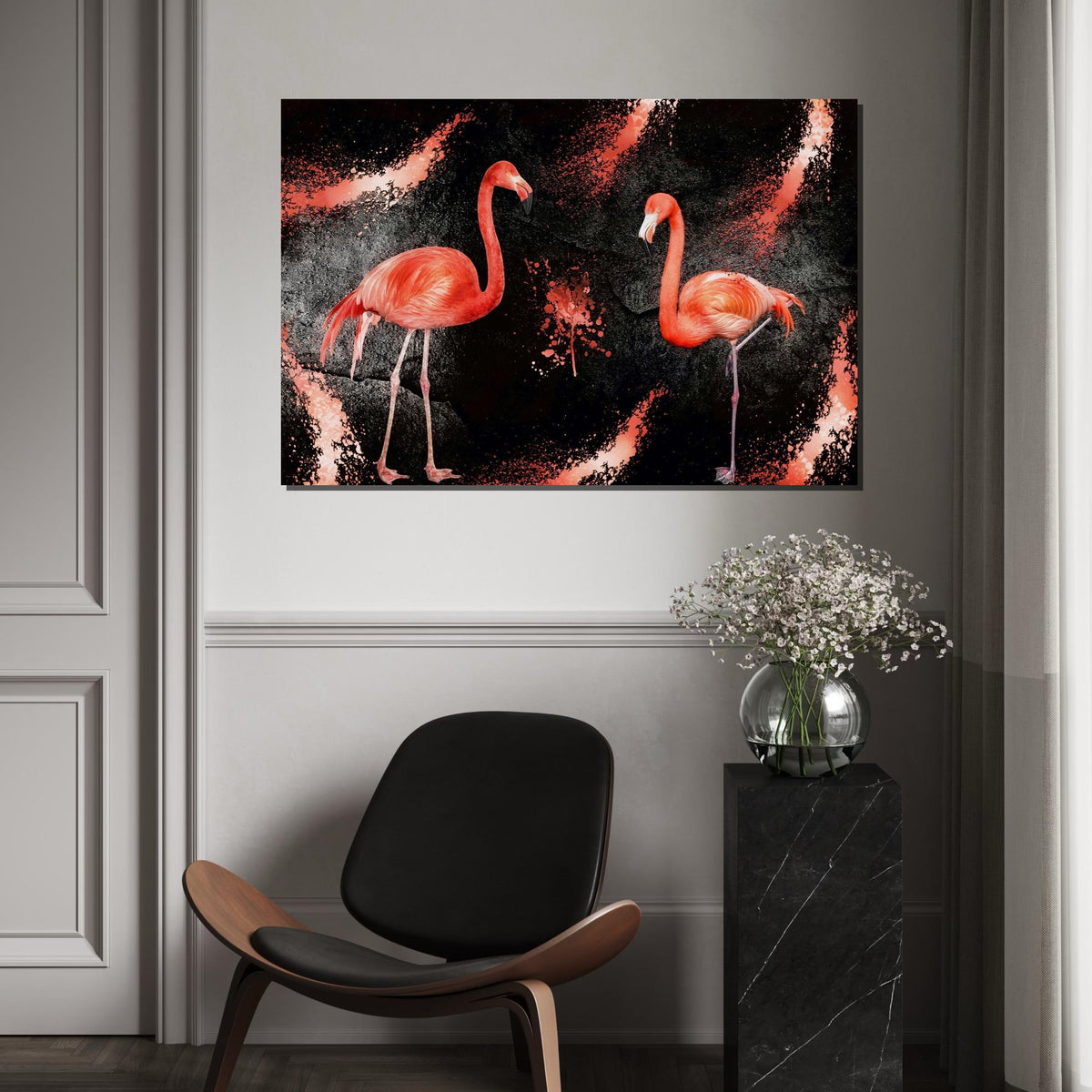 Flamingo Duo, Pink Birds Canvas, Animal Wall Art Design, Flamingo Splatter Print, Modern Canvas Art, Ready to Hang Home Decor