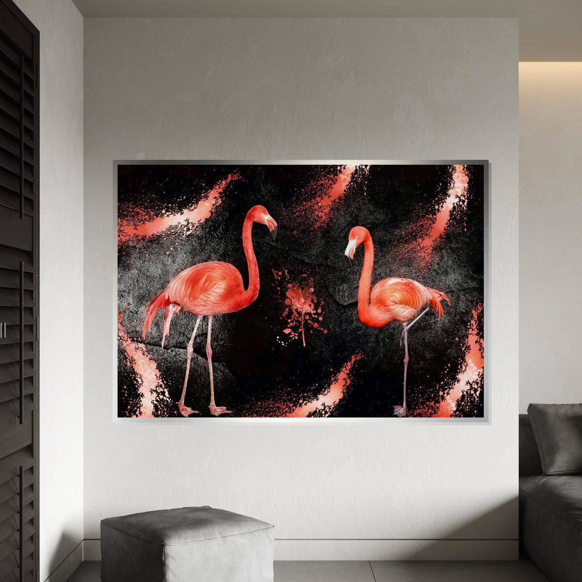 Flamingo Duo, Pink Birds Canvas, Animal Wall Art Design, Flamingo Splatter Print, Modern Canvas Art, Ready to Hang Home Decor