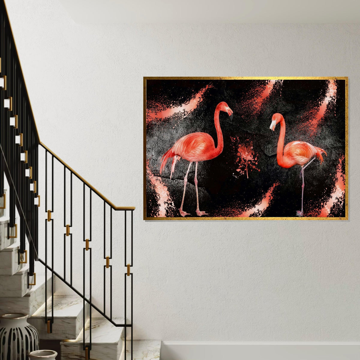 Flamingo Duo, Pink Birds Canvas, Animal Wall Art Design, Flamingo Splatter Print, Modern Canvas Art, Ready to Hang Home Decor