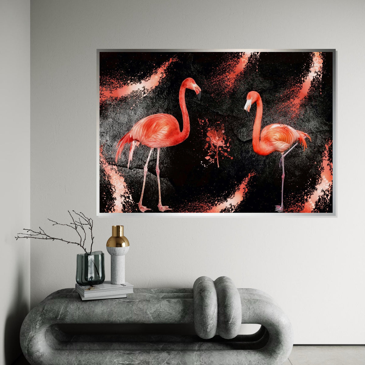 Flamingo Duo, Pink Birds Canvas, Animal Wall Art Design, Flamingo Splatter Print, Modern Canvas Art, Ready to Hang Home Decor