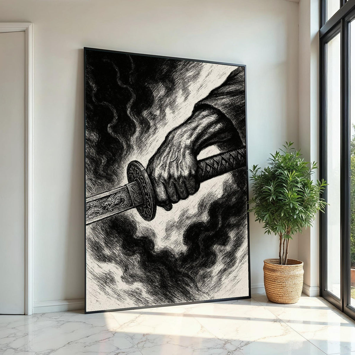 Samurai Sword Canvas, Warrior Art, Battle Hand Poster, Canvas Wall Art, Ready To Hang Decoration, Dark Art Canvas Design