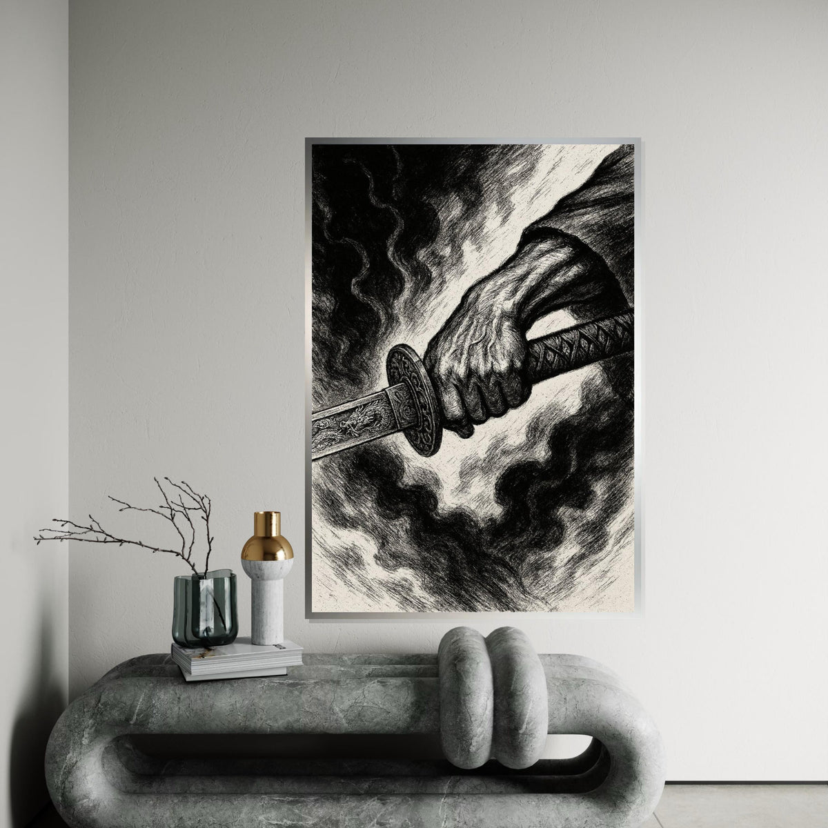 Samurai Sword Canvas, Warrior Art, Battle Hand Poster, Canvas Wall Art, Ready To Hang Decoration, Dark Art Canvas Design