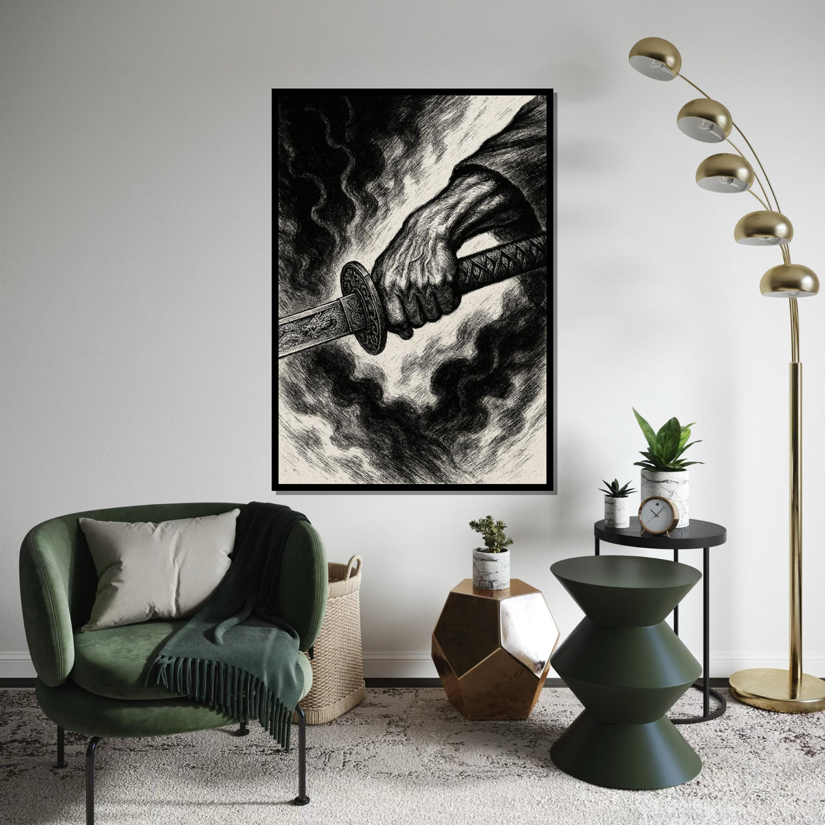 Samurai Sword Canvas, Warrior Art, Battle Hand Poster, Canvas Wall Art, Ready To Hang Decoration, Dark Art Canvas Design