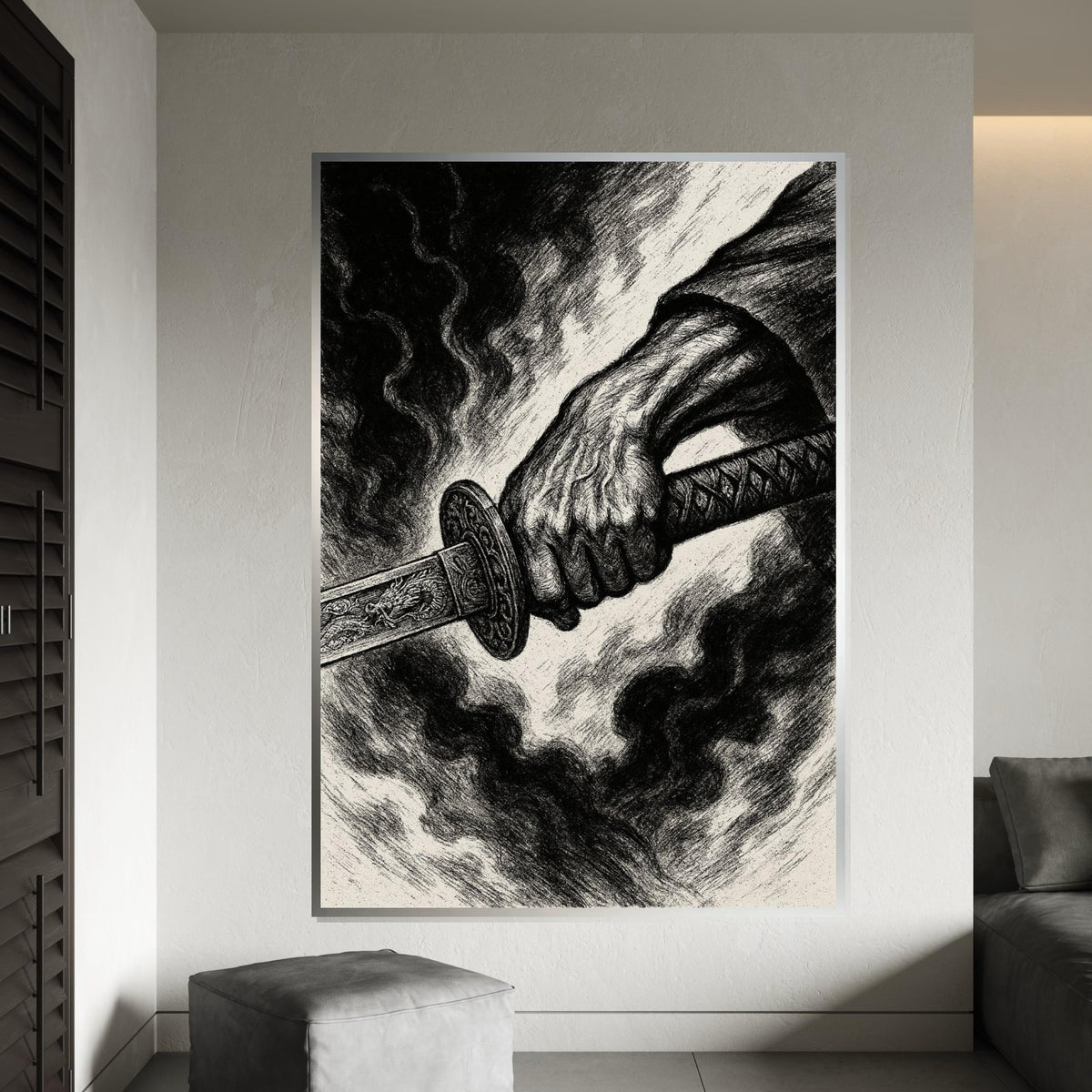 Samurai Sword Canvas, Warrior Art, Battle Hand Poster, Canvas Wall Art, Ready To Hang Decoration, Dark Art Canvas Design