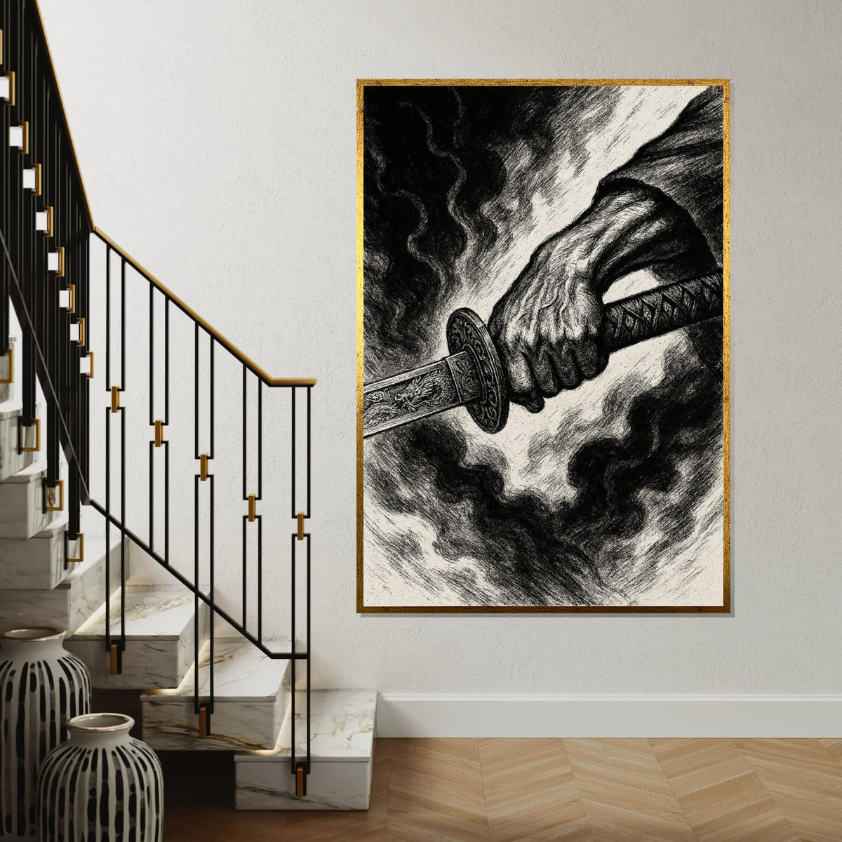 Samurai Sword Canvas, Warrior Art, Battle Hand Poster, Canvas Wall Art, Ready To Hang Decoration, Dark Art Canvas Design